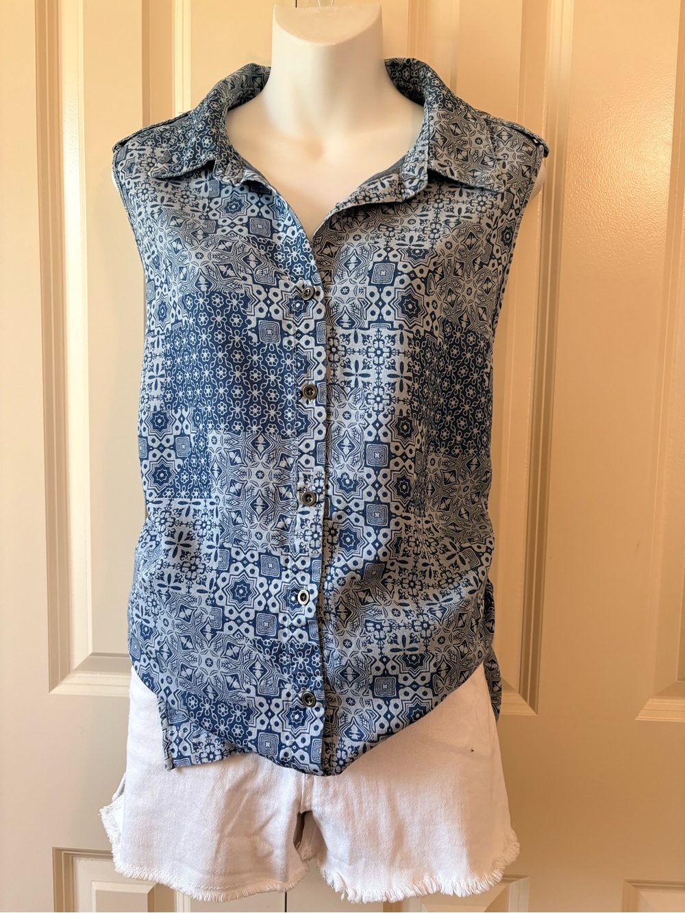 Sleeveless Blue Patterned Button-Up Top, size 1X